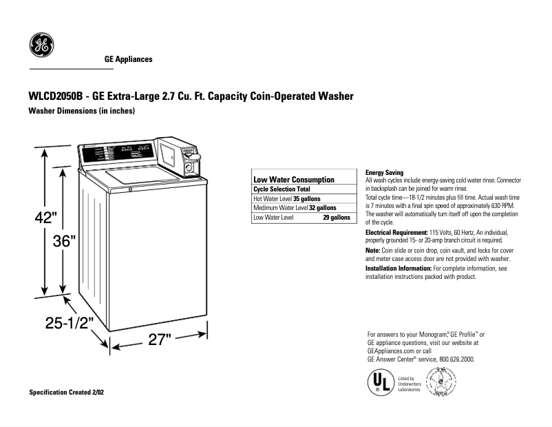 Página 1 del manual Ficha técnica GE WLCD2050BWC