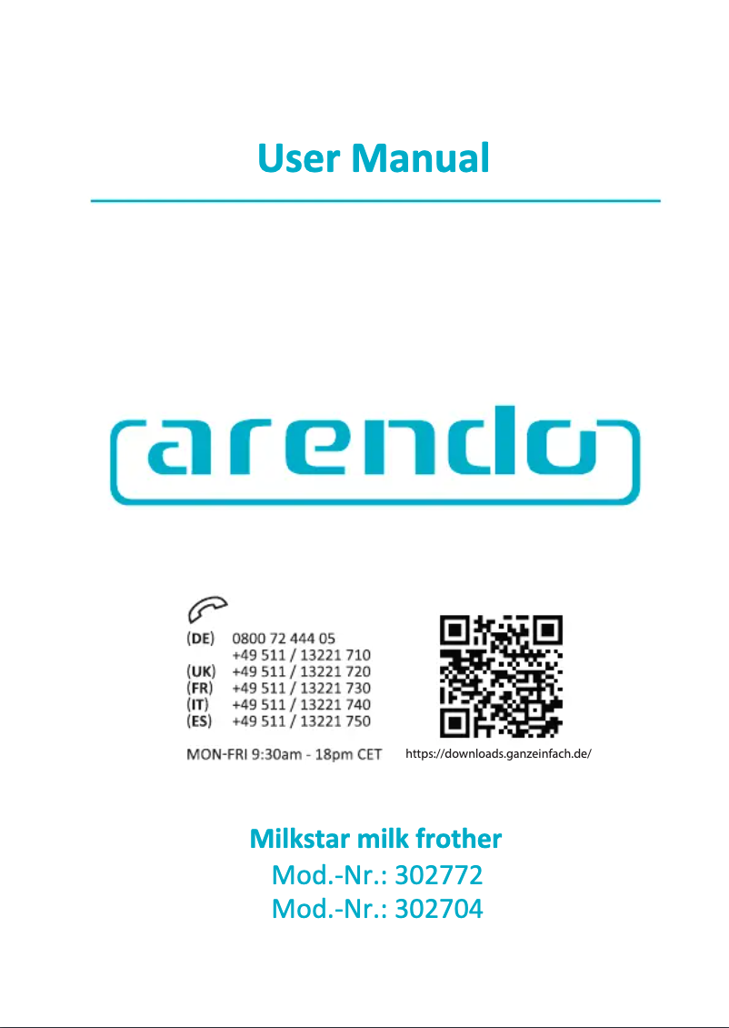Page 1 de la notice Manuel utilisateur Arendo Milkstar 302772