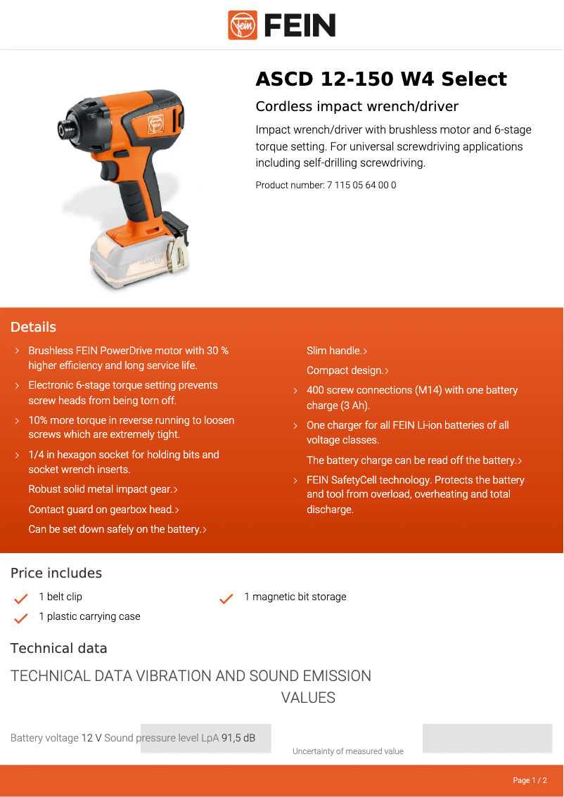 Page 1 de la notice Fiche technique Fein ASCD 12-150 W4 Select