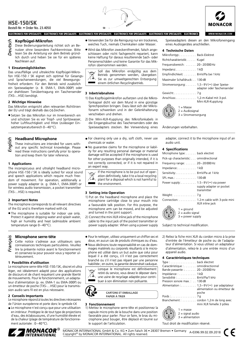 Page 1 de la notice Manuel utilisateur Monacor HSE-150/SK