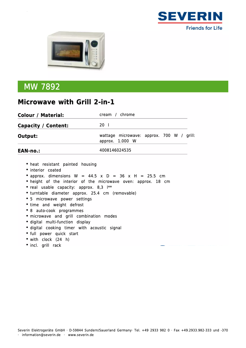 Page 1 de la notice Fiche technique Severin MW 7892
