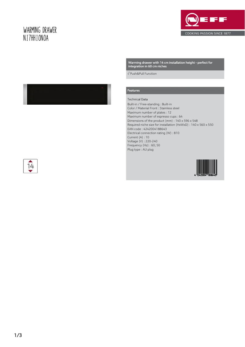 Page 1 of the manual Technical Sheet Neff N17HH10N0A