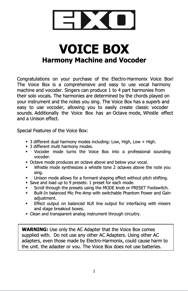 Page 1 de la notice Manuel utilisateur Electro Harmonix Voice Box