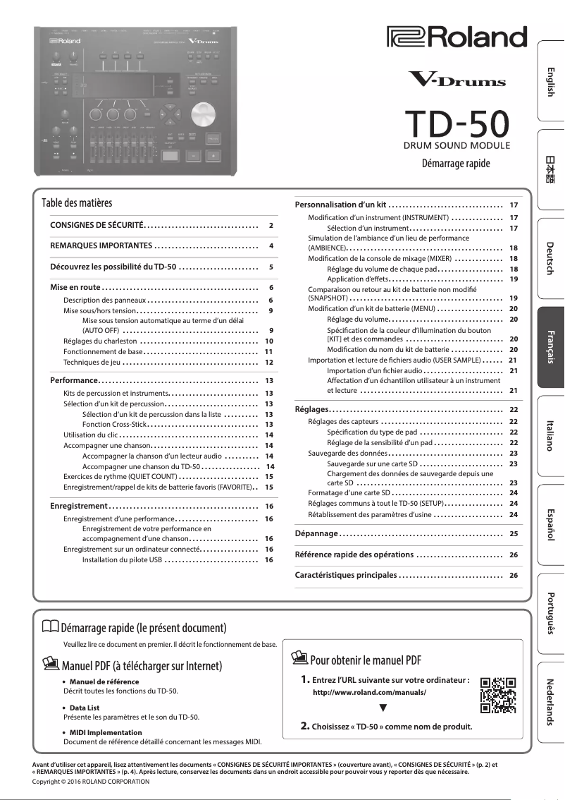 Page 1 de la notice Guide de démarrage rapide Roland TD-50