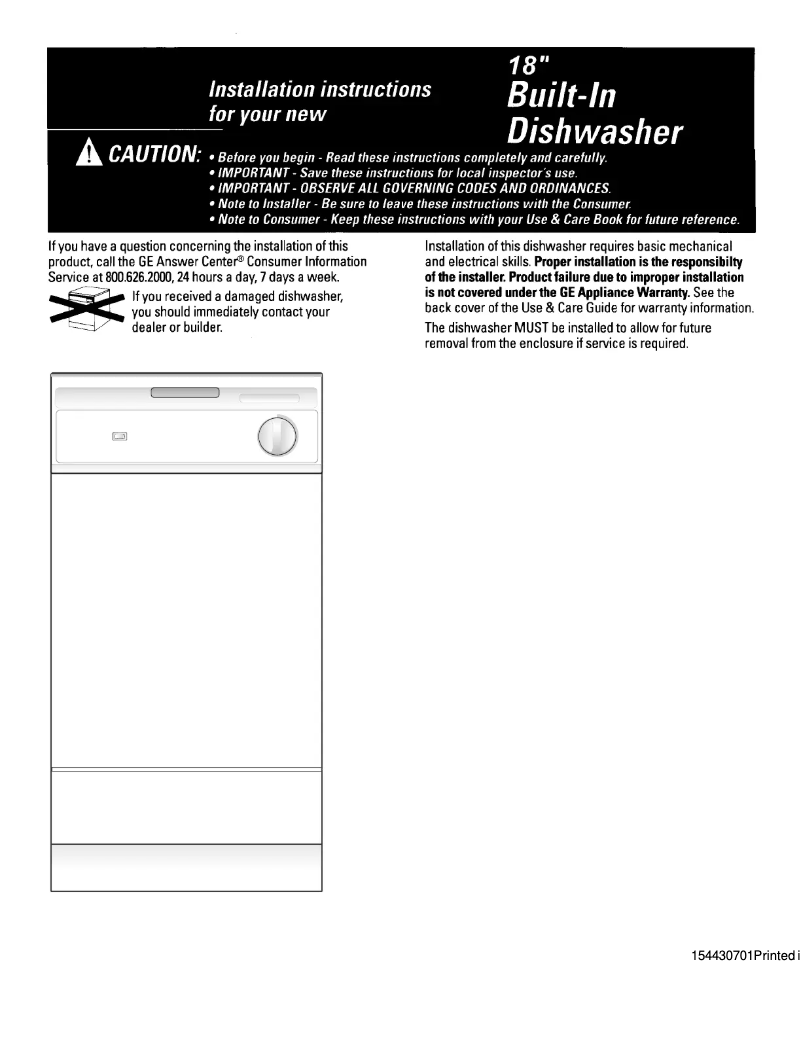 Page n°1 - Guide d'installation GE GSS1800HWW