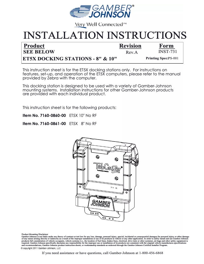 Page 1 de la notice Manuel utilisateur Gamber-Johnson 7170-0647
