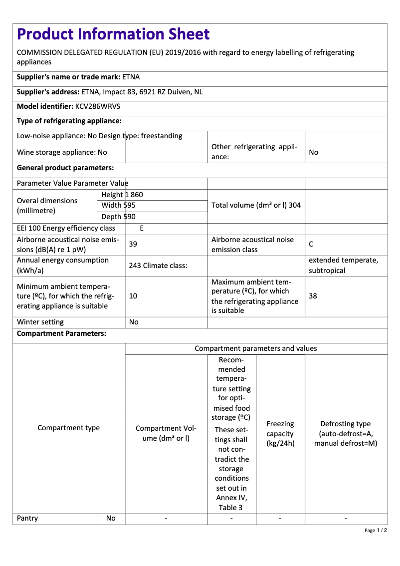 Page 1 de la notice Fiche technique Etna KCV286WRVS