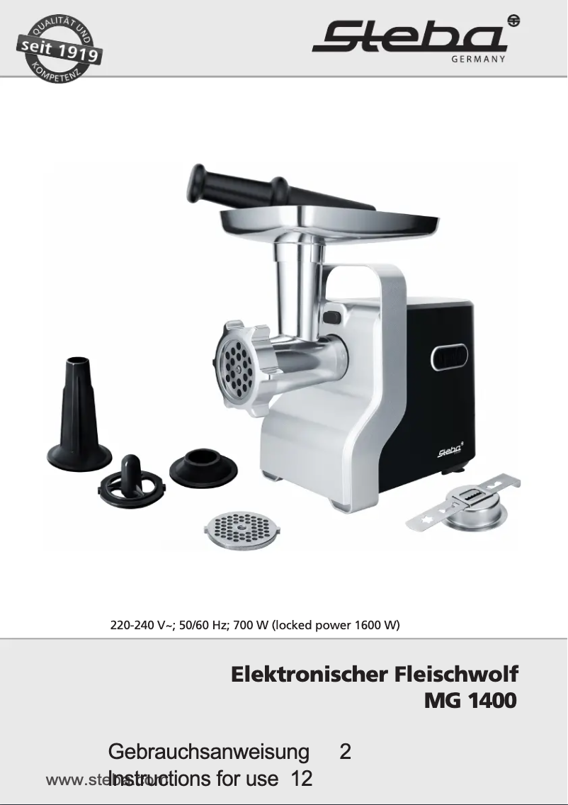 Page 1 de la notice Manuel utilisateur Steba MG 1400