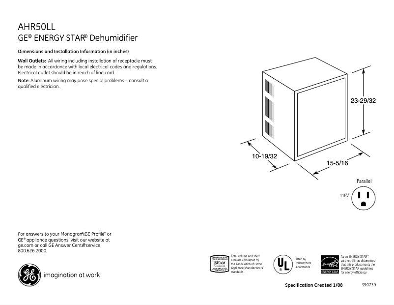 Page n°1 - Fiche technique GE AHR50LL