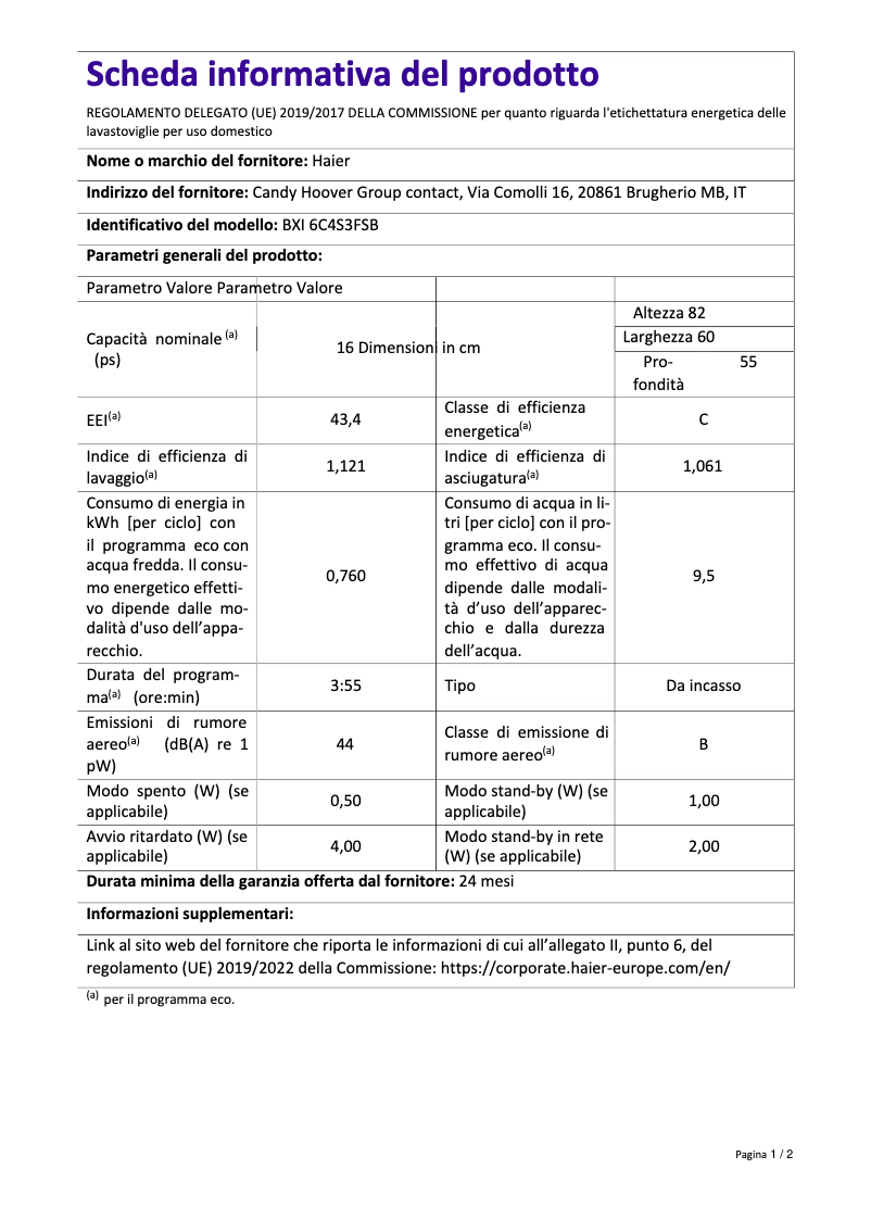 Página 1 del manual Ficha técnica Haier BXI 6C4S3FSB