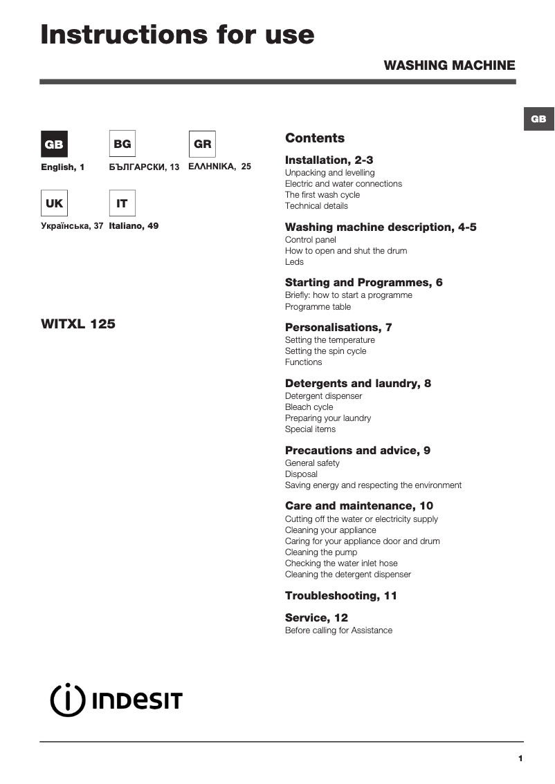 Page n°1 - Manuel utilisateur Indesit WITXL 125 (EE)