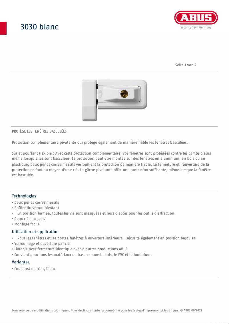 Page 1 de la notice Fiche technique Abus 3030