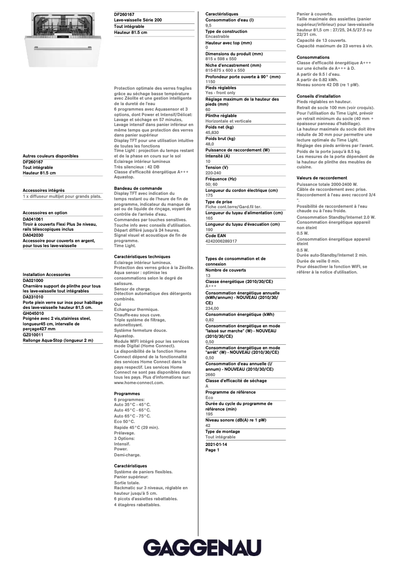 Page 1 de la notice Fiche technique Gaggenau DF260167