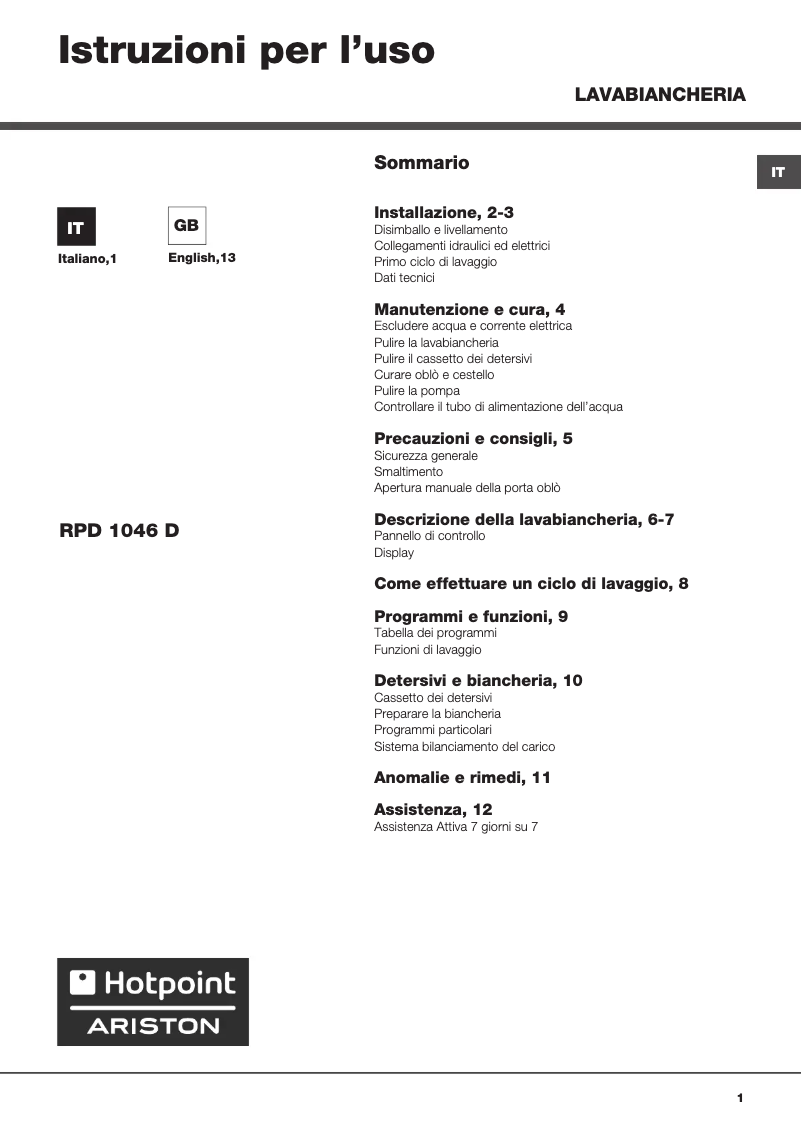 Page 1 de la notice Manuel utilisateur Hotpoint Ariston RPD 1046 DX IT