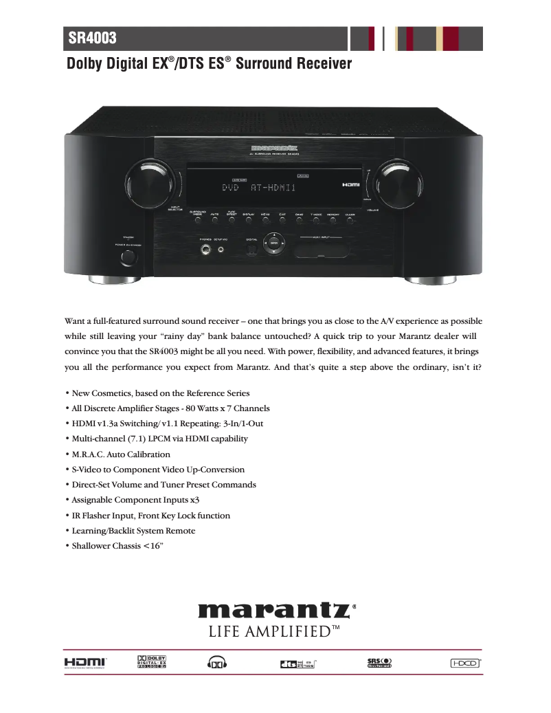 Page 1 de la notice Fiche technique Marantz SR4003
