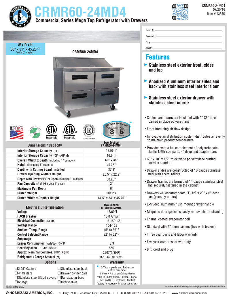 Page 1 de la notice Fiche technique Hoshizaki CRMR60-24MD4
