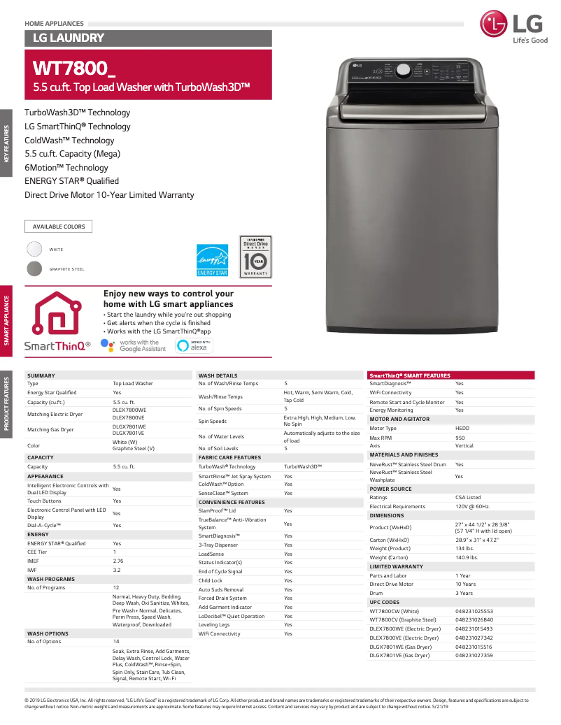 Page 1 de la notice Fiche technique LG WT7800CW