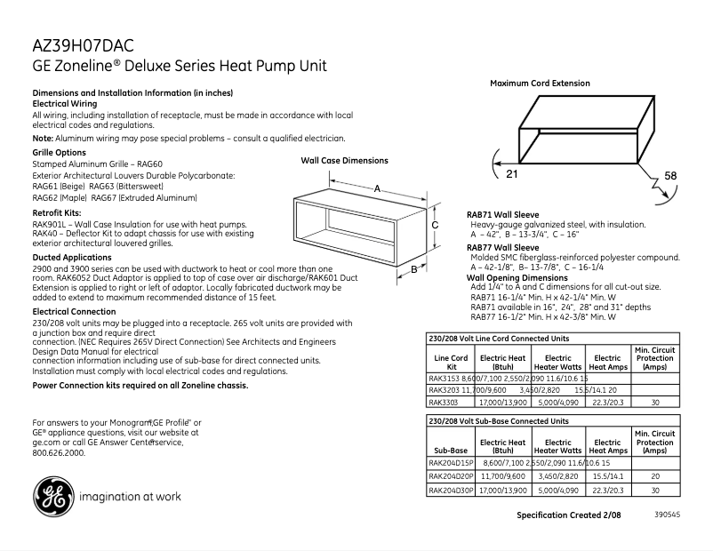 Page n°1 - Fiche technique GE AZ39H07DAC
