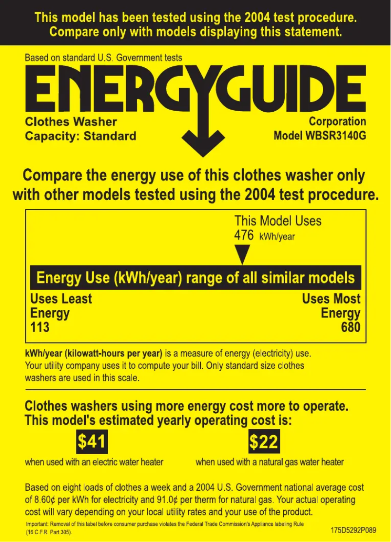 Página 1 del manual Etiqueta energética GE WBSR3140GWW