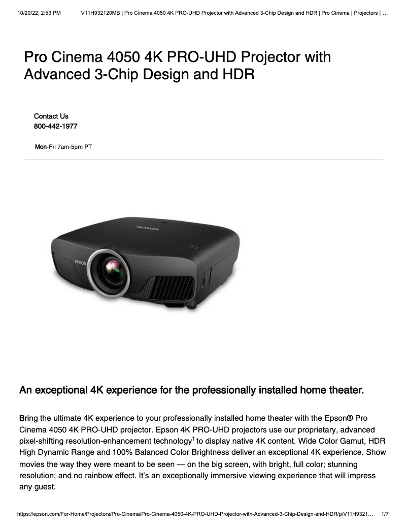Página 1 del manual Ficha técnica Epson Pro Cinema 4050