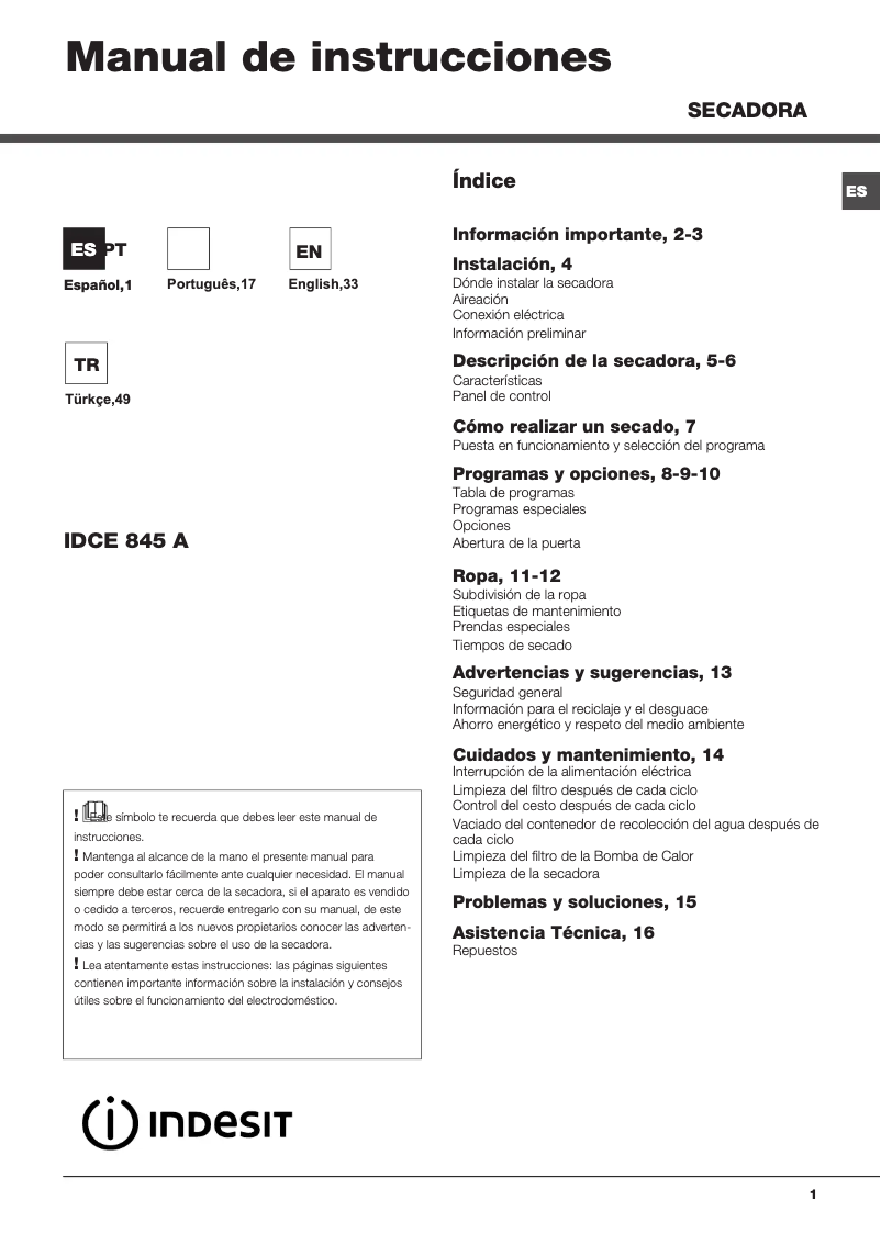 Page 1 of the manual User Manual Indesit IDCE 845 A ECO