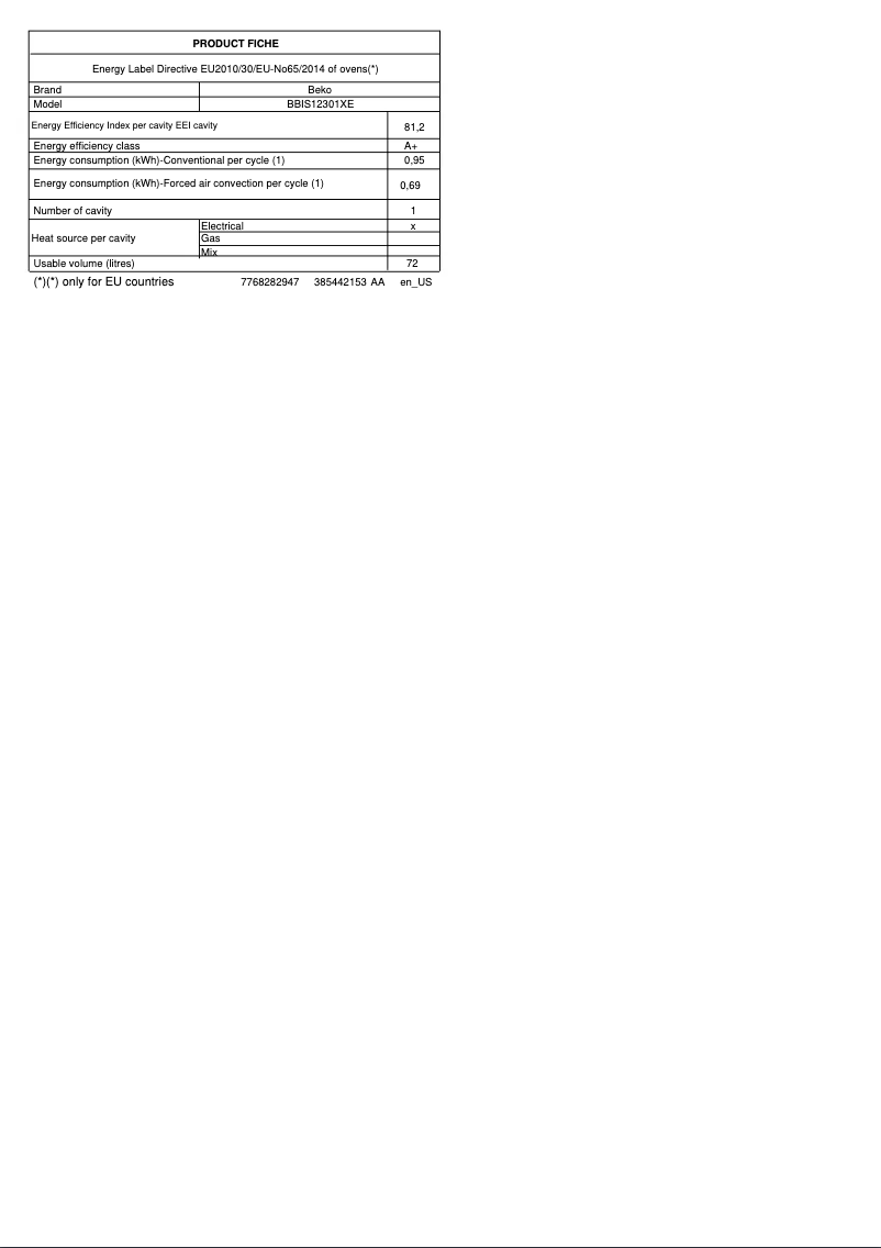 Page 1 de la notice Fiche technique Beko BBIS12301XE