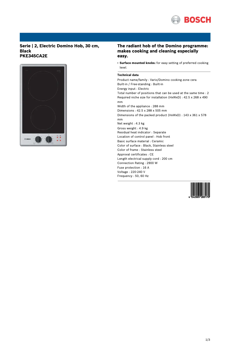 Page 1 de la notice Fiche technique Bosch PKE345CA2E