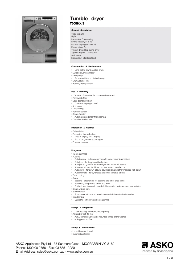 Page 1 de la notice Fiche technique Asko T608HX.S
