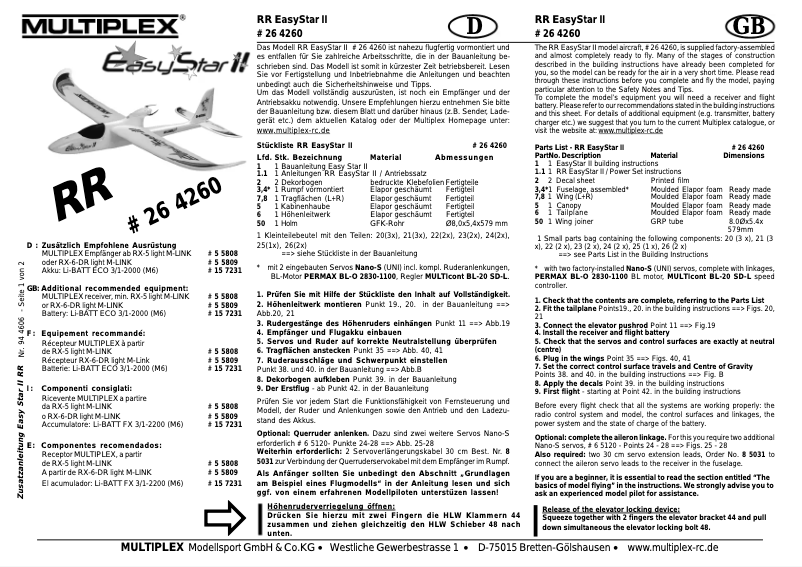 Page 1 de la notice Manuel utilisateur Multiplex RR+ EasyStar II