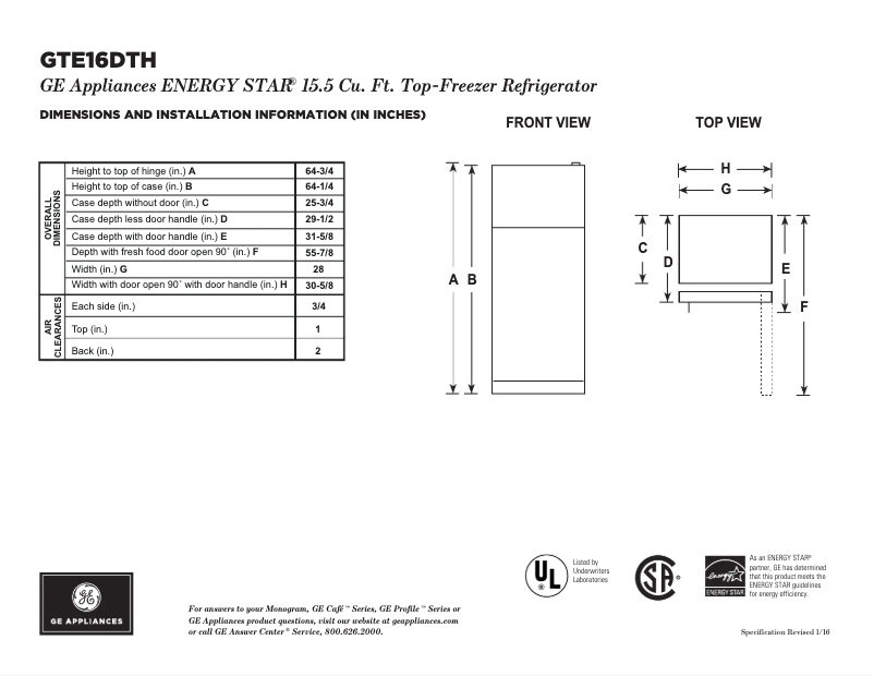 Page 1 de la notice Fiche technique GE GTE16DTHBB