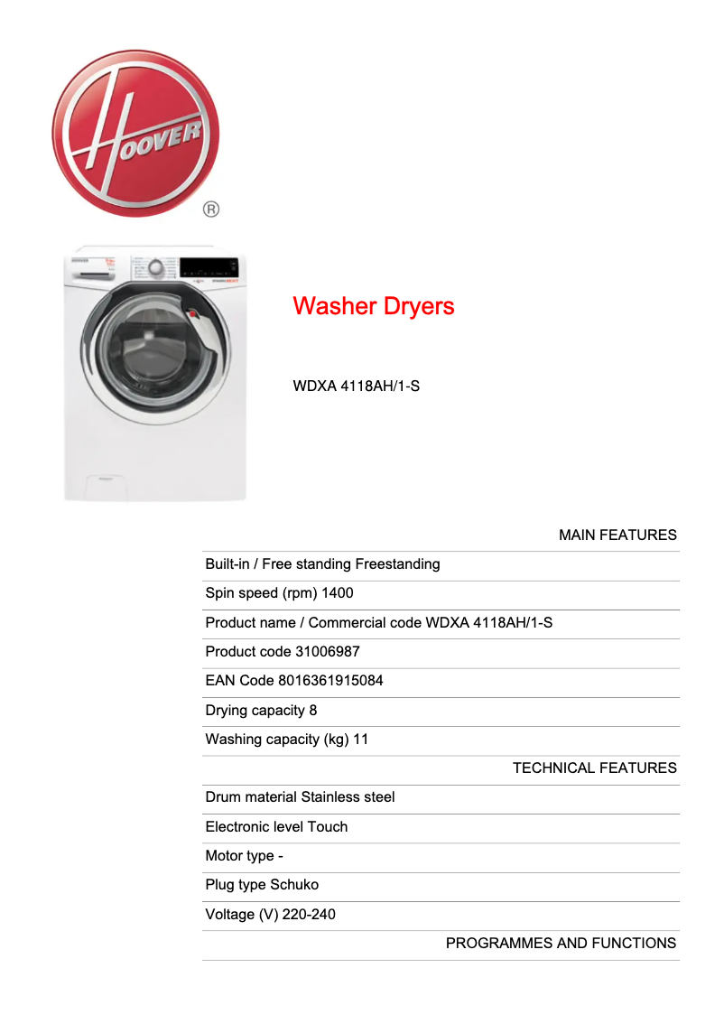 Página 1 del manual Ficha técnica Hoover WDXA 4118AH/1-S