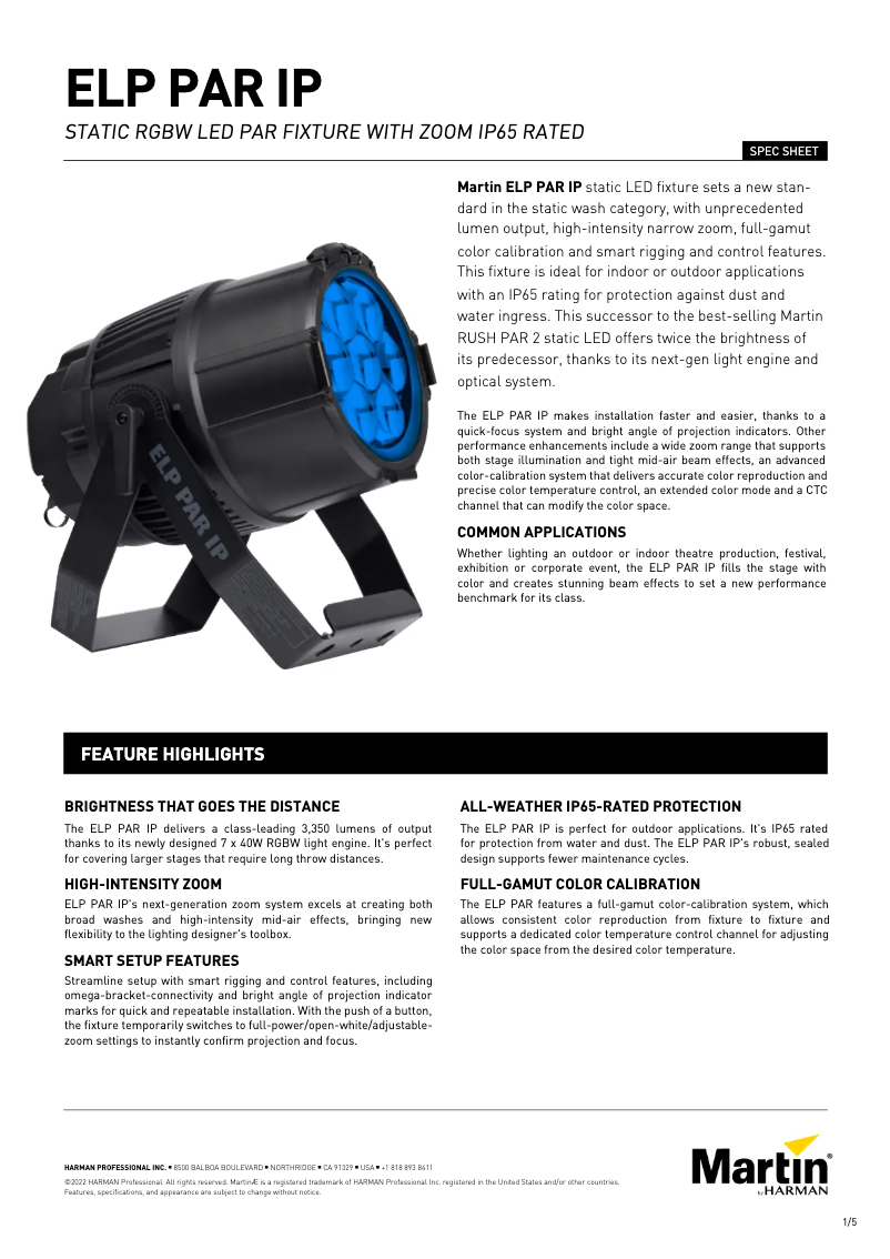 Page 1 de la notice Fiche technique Martin ELP PAR IP