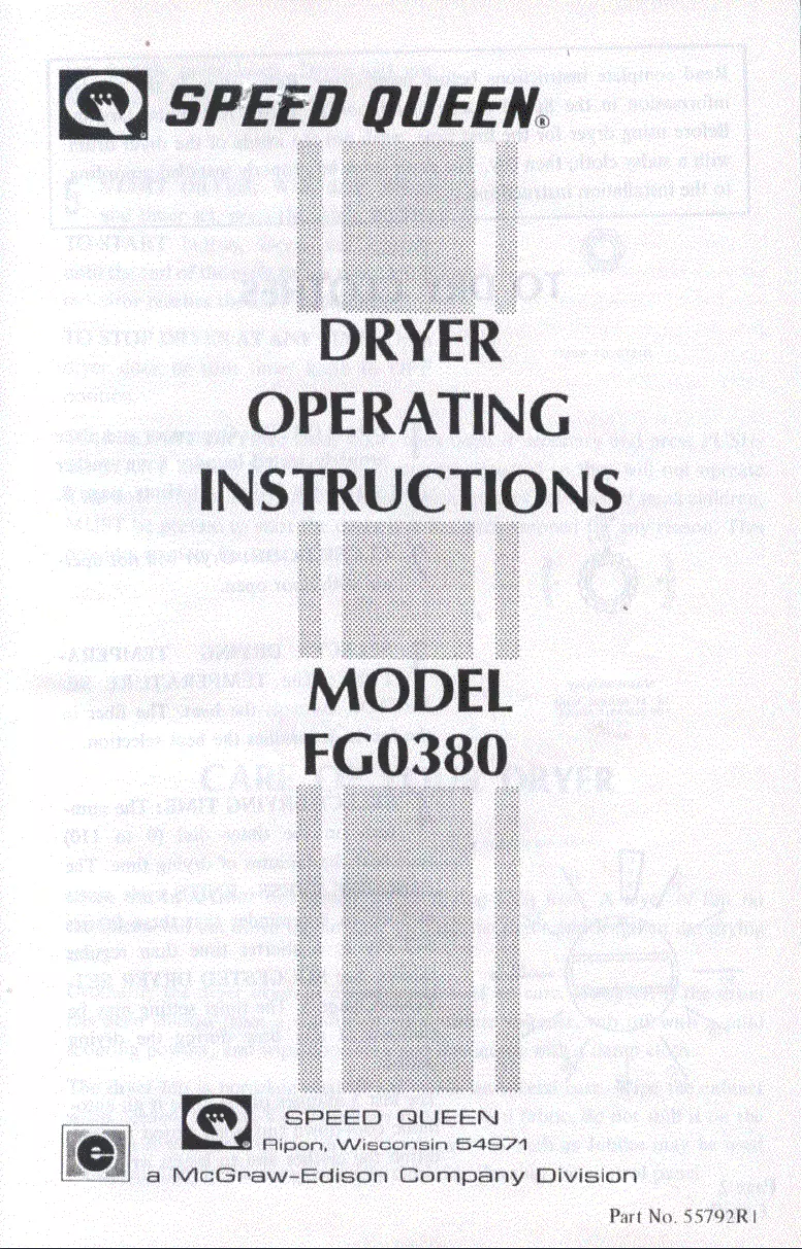 Page 1 de la notice Manuel utilisateur Speed Queen FG0380