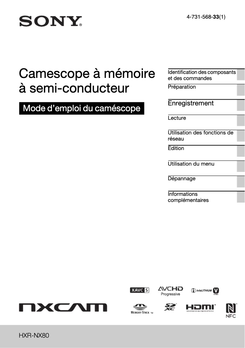 Page 1 de la notice Manuel utilisateur Sony HXR-NX80