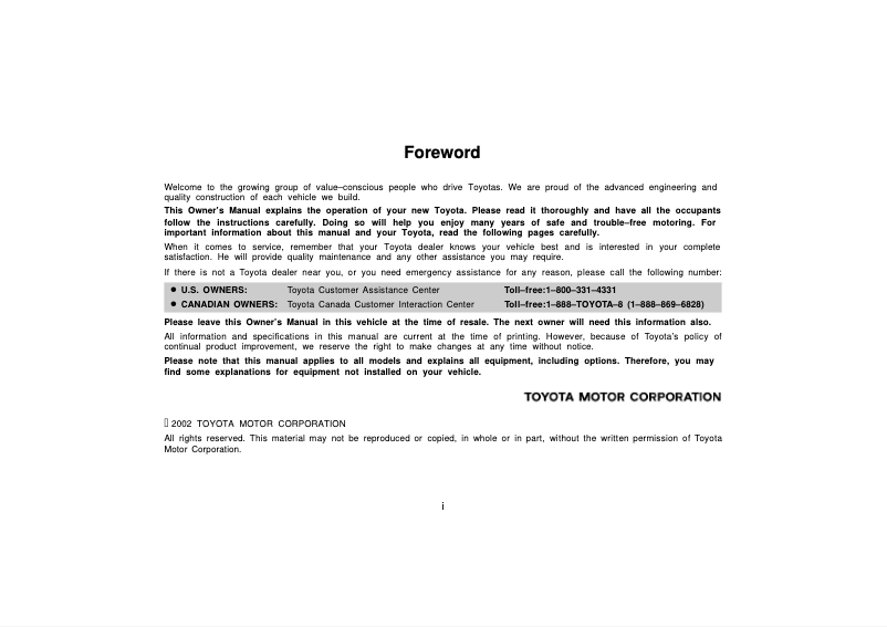 Page 1 de la notice Manuel utilisateur Toyota Prius (2003)