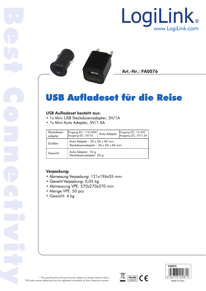 Page 1 de la notice Manuel utilisateur LogiLink PA0076