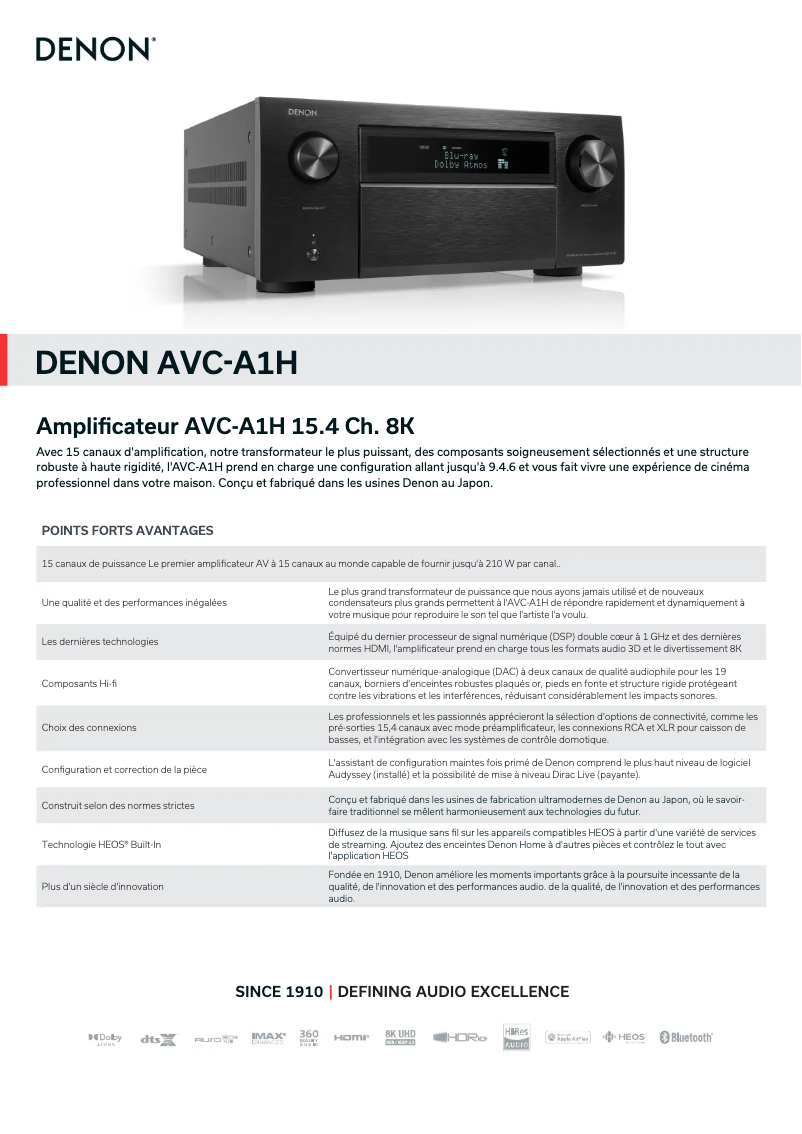 Page 1 de la notice Fiche technique Denon AVC-A1H