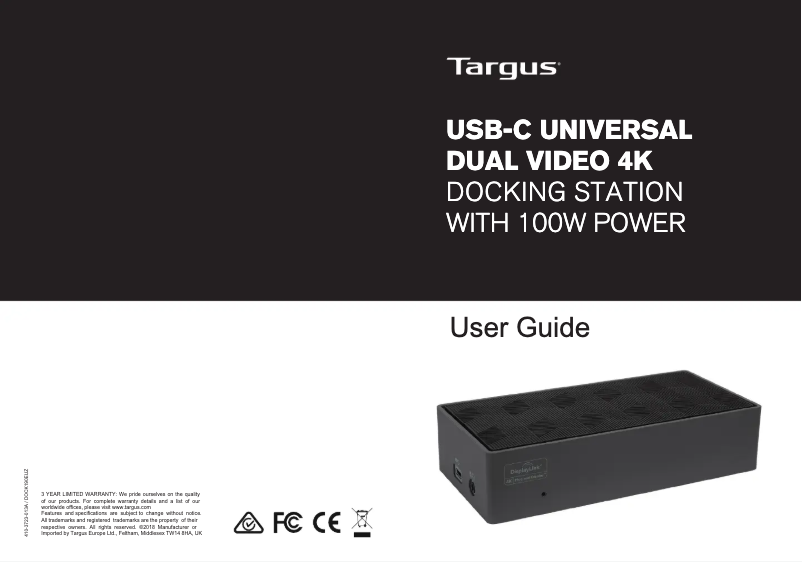 Page 1 de la notice Manuel utilisateur Targus DOCK190REU