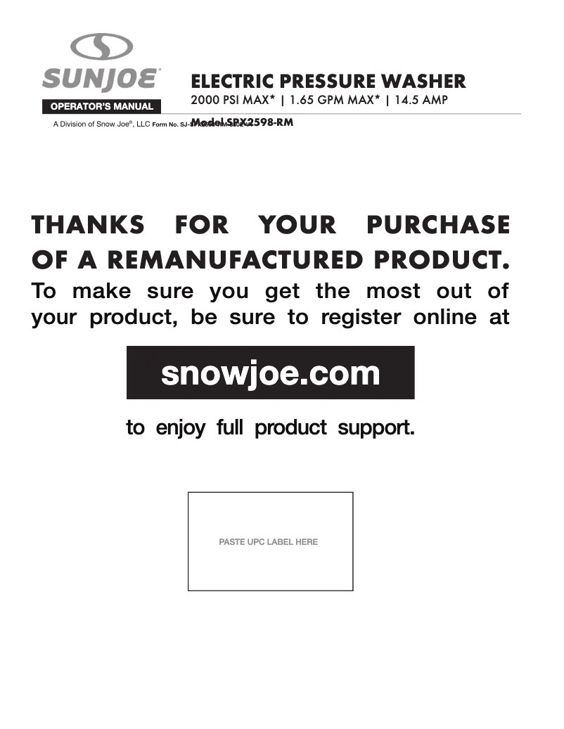 Page 1 de la notice Manuel utilisateur Sun Joe SPX2598-RM