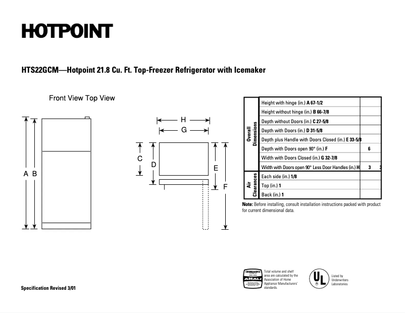 Página 1 del manual Ficha técnica Hotpoint HTS22GCMWW
