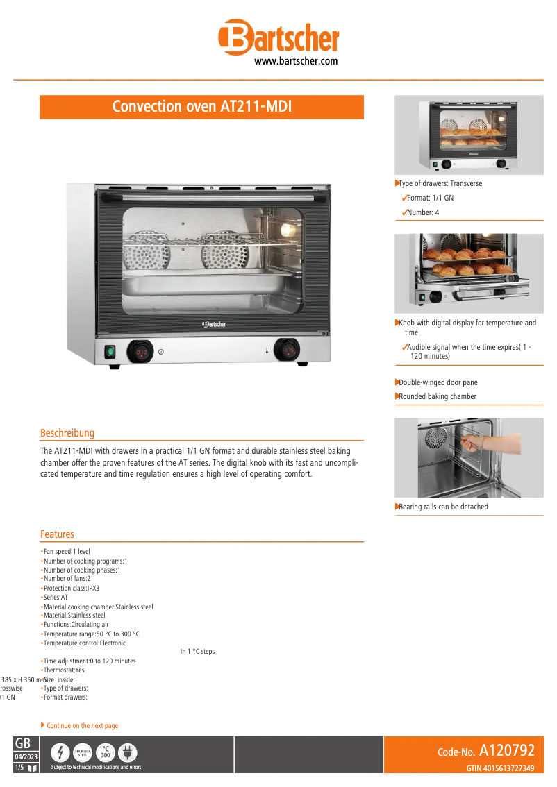 Page 1 de la notice Fiche technique Bartscher AT211-MDI