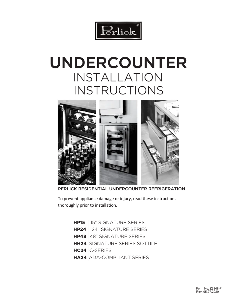 Page 1 de la notice Guide d'installation Perlick HC24RB-4-3L