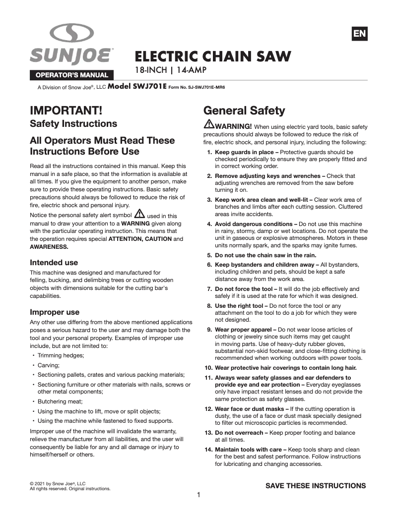 Page 1 de la notice Manuel utilisateur Sun Joe SWJ701E