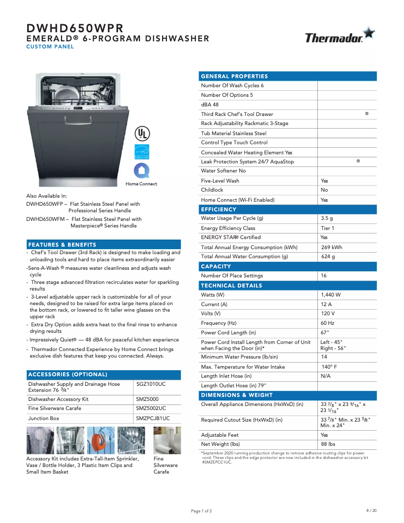 Page 1 de la notice Fiche technique Thermador DWHD650WPR