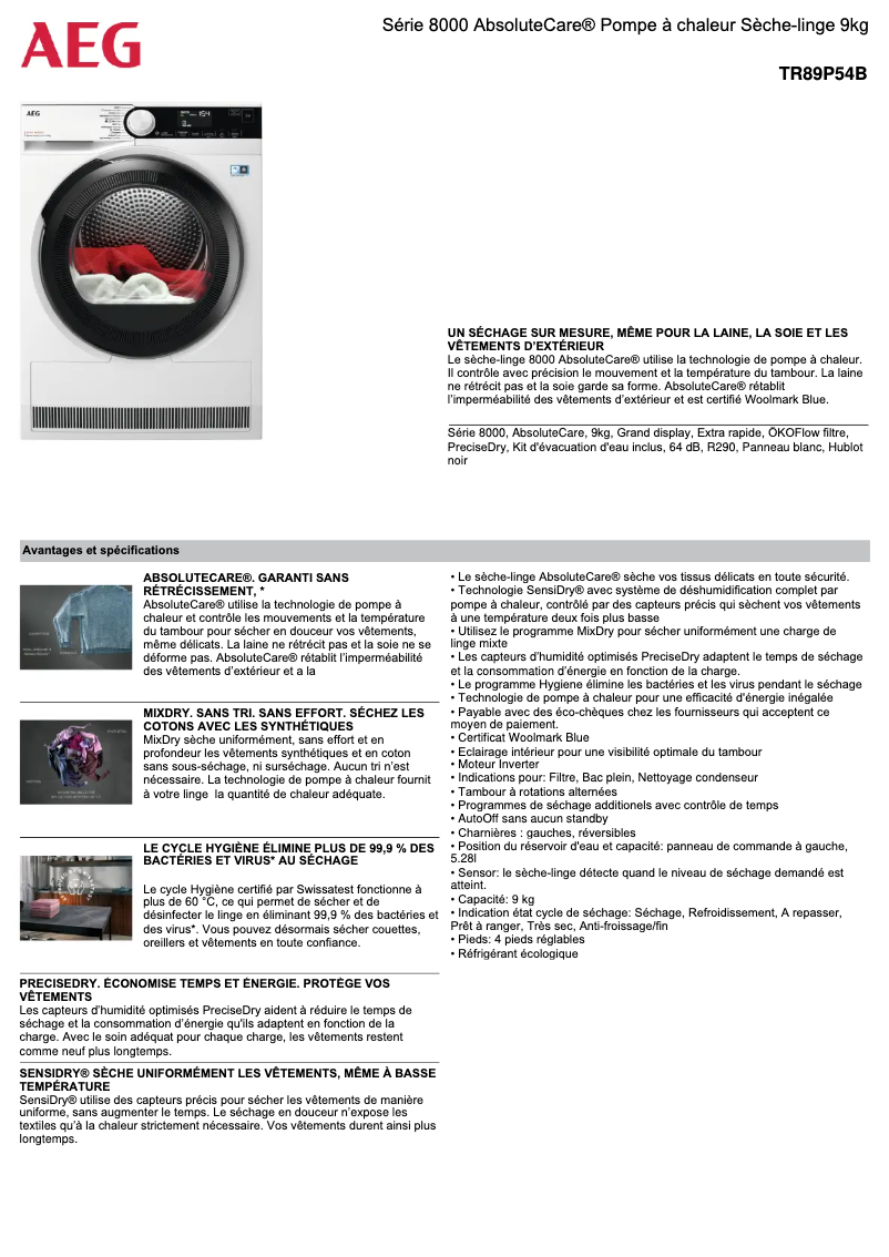 Página 1 del manual Ficha técnica AEG TR89P54B