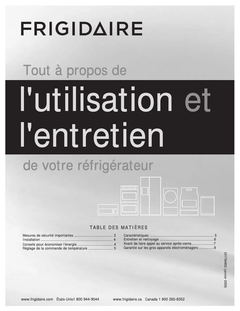 Page 1 de la notice Manuel utilisateur Frigidaire FFPT10F0KV