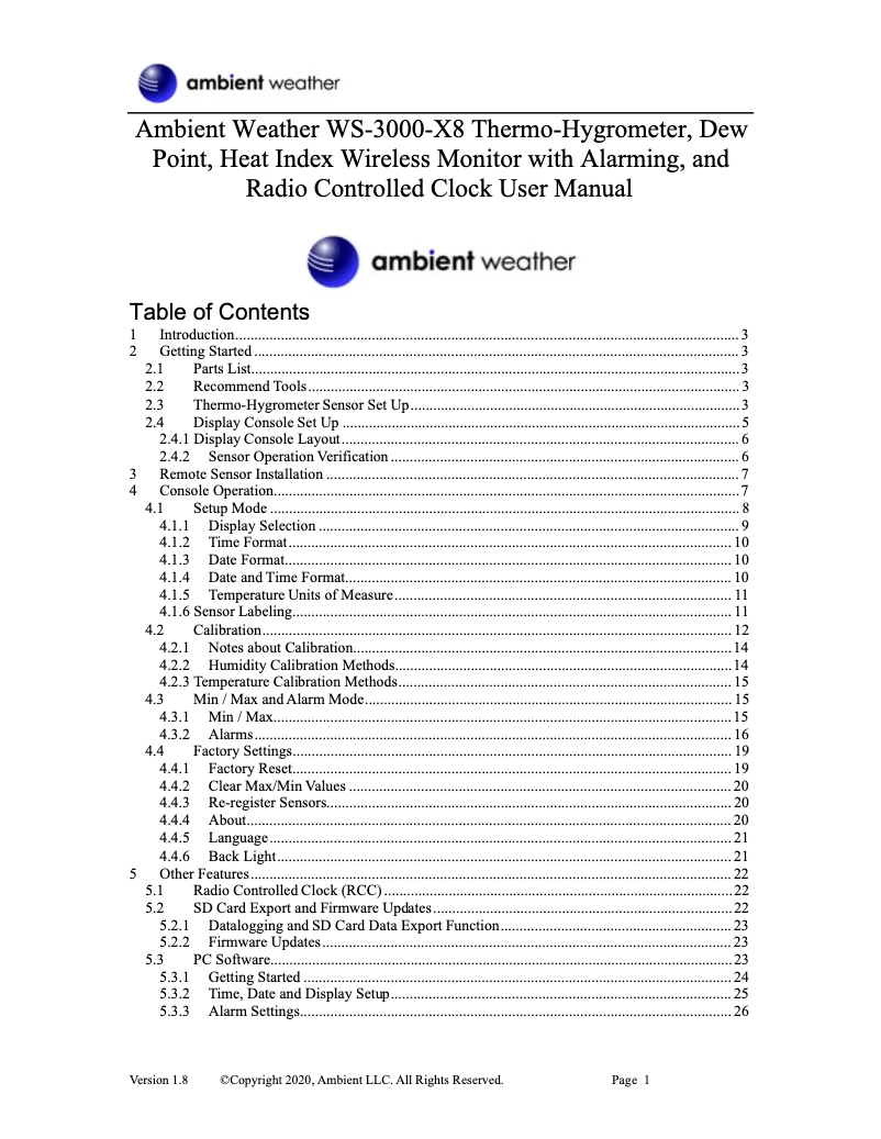 Page 1 de la notice Manuel utilisateur Ambient Weather WS-3000-X8