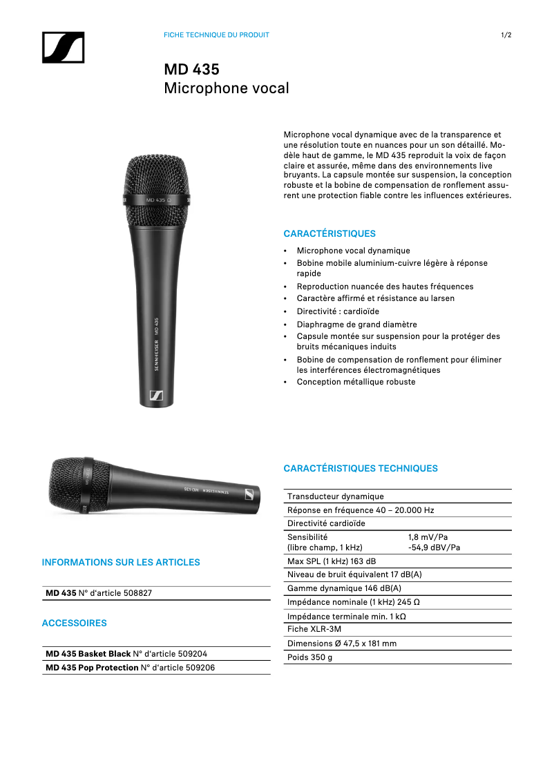 Page 1 de la notice Fiche technique Sennheiser MD 435