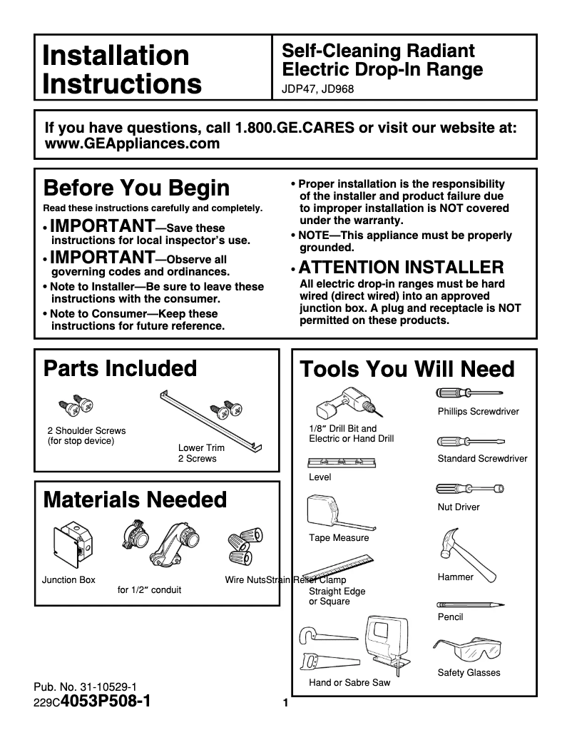 Página 1 del manual Guía de instalación GE Profile JD968BFBB