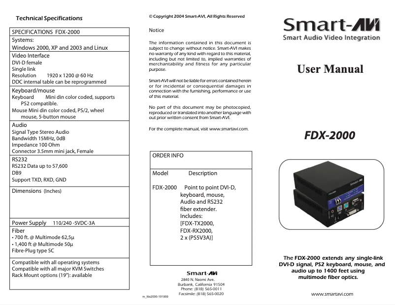 Page 1 de la notice Manuel utilisateur Smart-AVI FDX-TX2000S